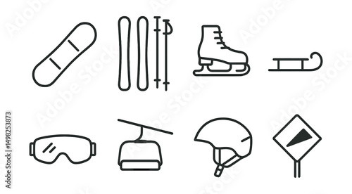 Line style icons of winter sports: snowboard, skis and poles, ice skate, sled, snow goggles, ski lift icon, snow helmet, slope sign.