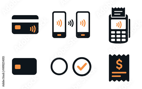 Two-Color vector icons of contactless payments: tap to pay, phone-to-phone transfer, smartwatch payment, POS reader. Contactless card, transaction complete, approval check, payment receipt.