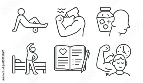 Line style icons of recovery and rest: foam roller use, massage gun, cold compress, sleep tracker, stretching before bed, recovery journal, muscle repair icon, nap timer.