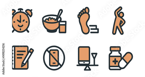 Two-Color vector icons of daily wellness habits: early wakeup, healthy breakfast, walking steps, stretching routine. Journal writing, digital detox, screen time balance, vitamin intake.