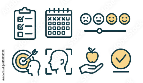 Two-Color vector icons of wellness goals: goal checklist, habit tracker, daily planner, mood scale. Motivation icon, focus mode, healthy reward, goal completion.