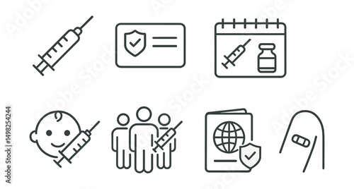 Line style icons of vaccination: vaccine syringe, immunization card, vaccination calendar, dose vial, pediatric vaccine icon, mass vaccination icon, vaccine passport, arm with bandage.