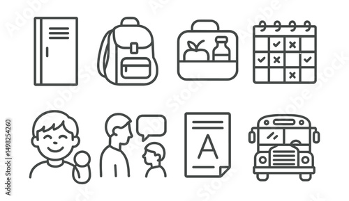 Line style icons of school life: locker, school bag, lunchbox, timetable, recess icon, parent meeting, report card, school bus.
