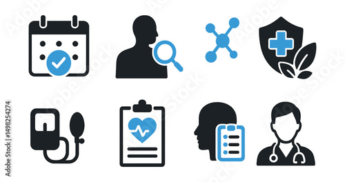 Two-Color vector icons of preventive care: checkup calendar, health screening, early diagnosis, immune boost. Blood pressure icon, wellness test, symptom log, doctor visit.