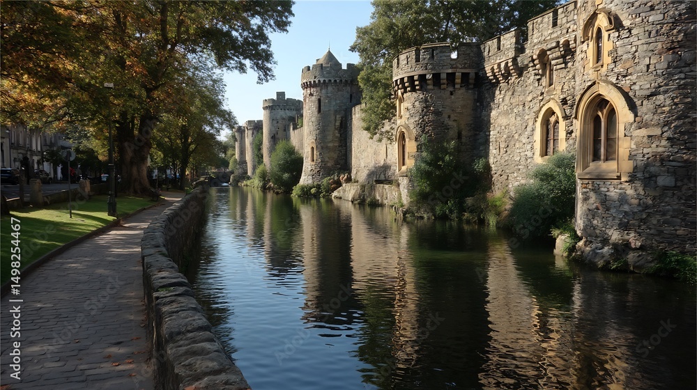 Fototapeta premium Historic materials audit of medieval castles showing defensive wall cross section typologies arrow loop design innovations and moated perimeter systems
