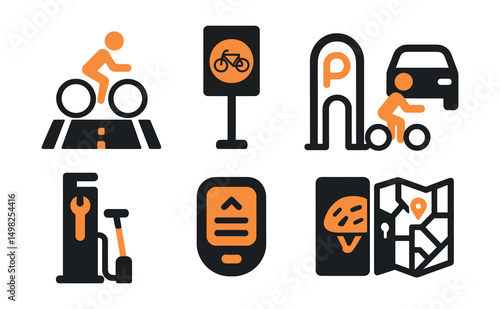 Two-Color vector icons of bike-friendly infrastructure: cycle path, bike signal, parking loop, shared street. Bike repair station, ride stats icon, helmet locker, urban cycling map.
