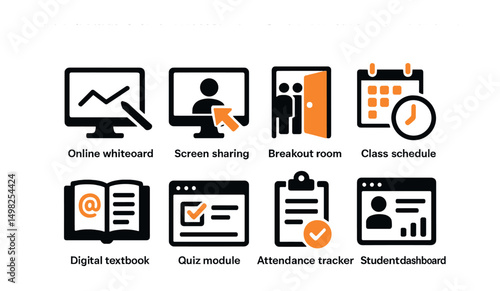 Two-Color vector icons of distance education tools: online whiteboard, screen sharing, breakout room, class schedule. Digital textbook, quiz module, attendance tracker, student dashboard.