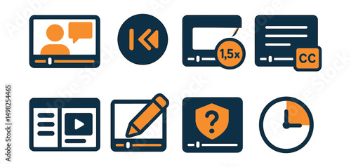 Two-Color vector icons of video-based learning: video lesson, pause/rewind icon, playback speed, subtitles icon. Playlist navigation, annotation tool, video quiz, timecode marker.