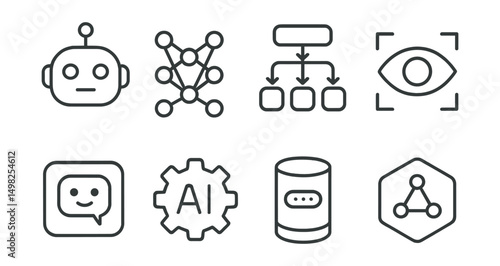 Line style icons of AI and machine learning: robot head, neural network, data flow chart, machine vision icon, chatbot avatar, AI gear icon, smart assistant, algorithm badge.
