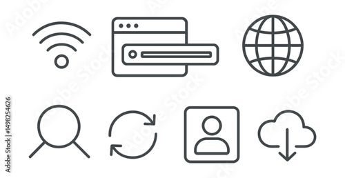Line style icons of internet and web: Wi-Fi signal, web browser icon, URL bar, domain globe, search engine magnifier, page refresh, online profile, download cloud.