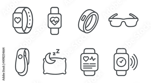 Line style icons of wearable technology: fitness band, health tracker icon, smart ring, AR glasses, clip-on sensor, sleep monitor, wearable dashboard, wireless sync.