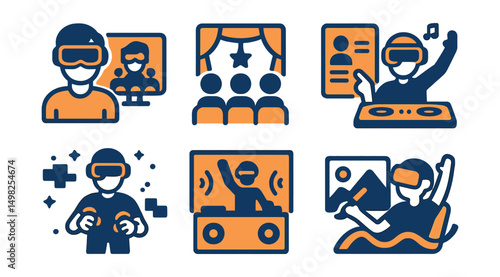 Two-Color vector icons of immersive entertainment: VR cinema, AR theater, interactive story icon, virtual DJ. Immersive gaming, 3D concert, VR art, virtual ride.
