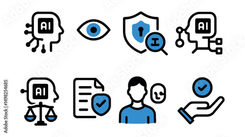 Two-Color vector icons of ethical AI: transparency icon, bias detection, privacy shield, explainable model. Fairness icon, ethical guidelines, user control, data consent.