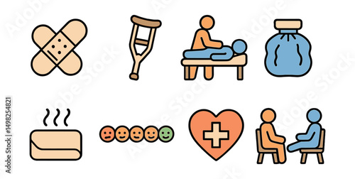 Outline with Fill style icons of recovery and healing: bandage, crutch, physical therapy, ice pack, warm compress, pain scale, healing icon, rehab session.