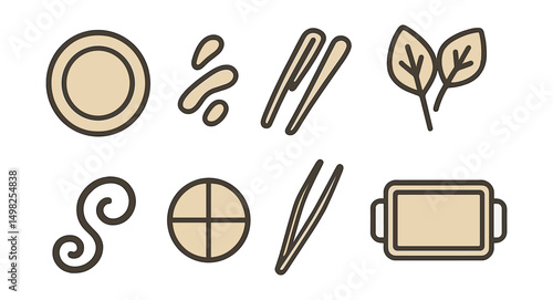 Outline with Fill icon set for plating and presentation: round plate, sauce drizzle, food tongs, garnish leaves, artistic swirl, portion divider, plating tweezers, serving tray.