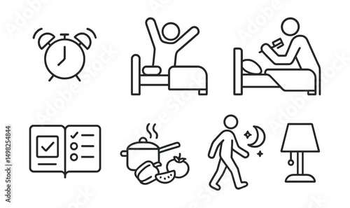 Line style icons of daily routine: wake-up alarm, morning stretch, brushing teeth, making bed, daily planner, meal prep, evening walk, bedtime lamp.