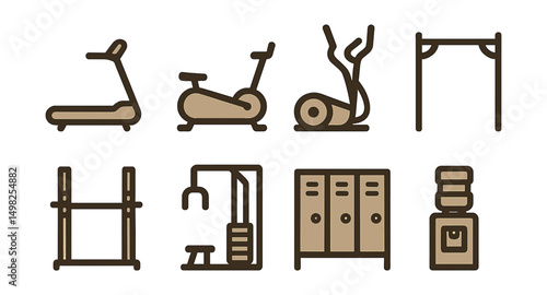 Outline with Fill icon set for gym workout zones: treadmill, rowing machine, elliptical trainer, pull-up bar, squat rack, cable machine, locker room, water dispenser.