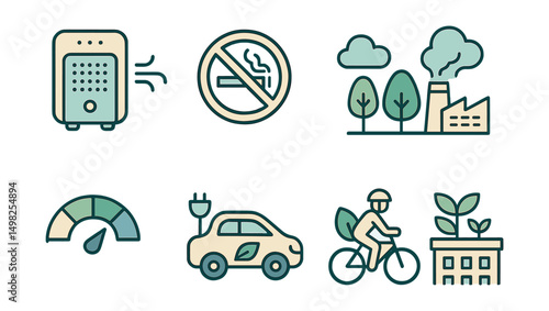 Outline with Fill style icons of clean air efforts: air purifier, no smoke sign, trees and clouds, factory emissions filter, air quality index, electric car, green commute, rooftop garden.