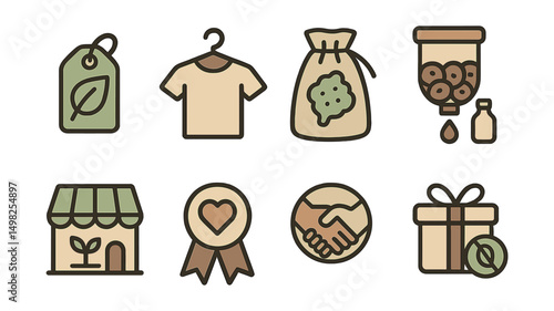 Outline with Fill style icons of sustainable shopping: eco-friendly label, second-hand clothes, cloth produce bag, bulk refill station, local market icon, ethical brand, fair trade mark, plastic-free