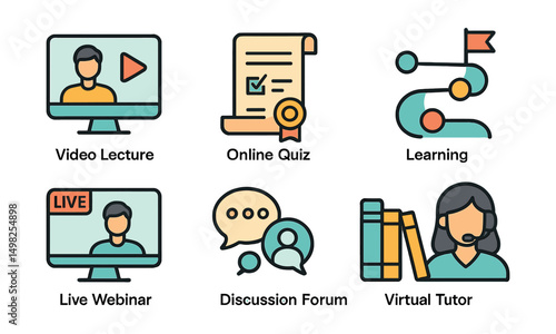 Outline with Fill vector icons of e-learning platforms: video lecture, online quiz, certificate icon, learning path, live webinar, discussion forum, course library, virtual tutor.