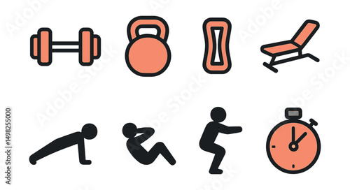 Outline with Fill icon set for fitness training: dumbbell, kettlebell, resistance band, exercise bench, push-up icon, sit-up pose, squat silhouette, interval timer.