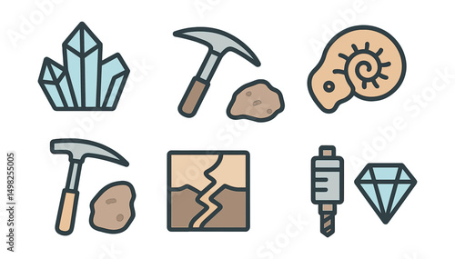 Outline with Fill style icons of geology and minerals: crystal shape, mining pickaxe, rock sample, fossil, geologic hammer, tectonic plate, core drill, gemstone.