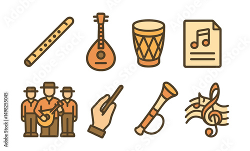 Outline with Fill icon set for music traditions: flute, string instrument, percussion drum, sheet music, folk band icon, conductor hand, traditional horn, music note swirl.