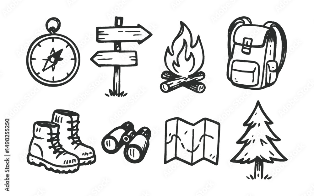 Naklejka premium Hand-drawn vector icons of forest adventure: compass, trail sign, campfire, backpack, hiking boots, binoculars, pocket map, pine tree.