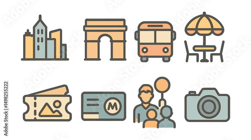 Outline with Fill style icons of city tourism: skyline icon, famous monument, city bus, street cafe, sightseeing ticket, metro pass, guided tour, photo hotspot.