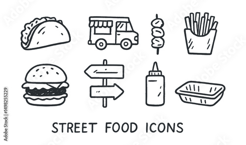 Hand-drawn vector icons of street food: taco, food truck, skewer, fries box, burger, street sign, sauce bottle, plastic tray.