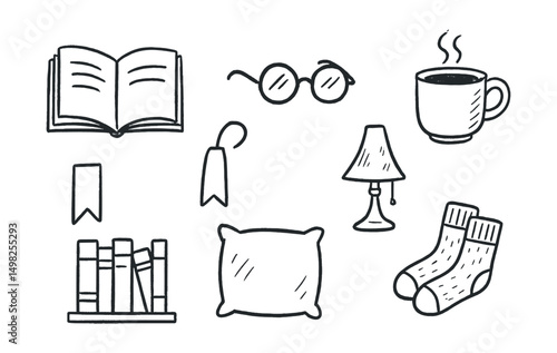 Hand-drawn vector icons of book lover’s corner: open book, reading glasses, cup of cocoa, cozy lamp, bookmark, bookshelf, cushion, warm socks.