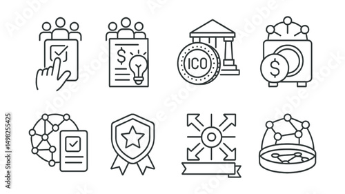 Line style icons of token launches: DAO launch vote, community funding proposal, governance-backed ICO, treasury-backed IDO, DAO allocation voting, contributor incentive badge, decentralization