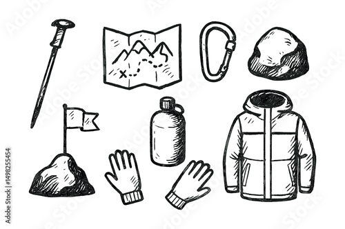 Hand-drawn vector icons of mountain hiking: hiking stick, trail map, carabiner, rock, summit flag, water flask, gloves, layered jacket.