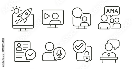 Line style icons of token launches: launch event livestream icon, video pitch replay, founder AMA session, team Q&A live icon, real-time feedback form, community voice chat icon, live chat moderation