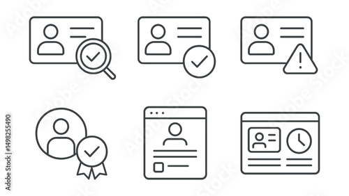 Line style icons of digital identity: identity verification in progress, verification complete checkmark, rejected identity alert, pending KYC status, verification timeline tracker, KYC status badge,