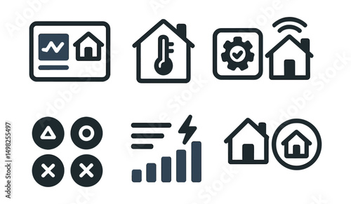 Two-Color vector icons of smart home interface: dashboard screen, room overview, device status icon, connection status. Control buttons, activity feed, energy tracking, scene shortcut.