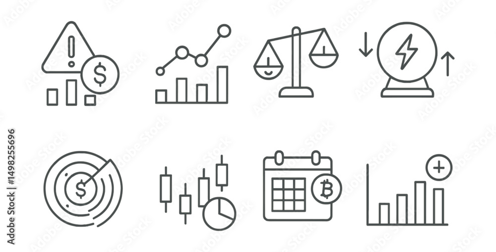 Fototapeta premium Line style icons of crypto forecasts: liquidation risk warning, funding rate trend, perpetual swap imbalance, short squeeze forecast, margin call radar, long/short ratio chart, futures expiry impact,