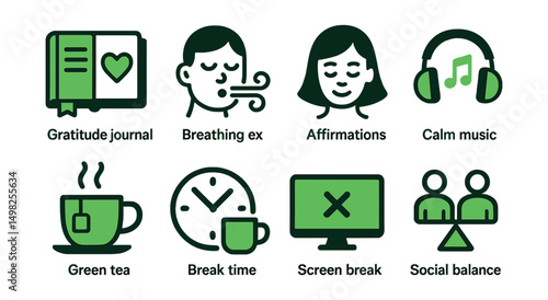 Two-Color vector icons of mental wellbeing: gratitude journal, breathing exercise, affirmations icon, calm music. Green tea, break time, screen break, social balance.