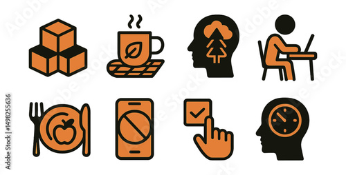 Two-Color vector icons of mindful living: minimalism icon, slow life concept, nature focus, deep work. Mindful eating, phone-free icon, single-tasking, present moment.
