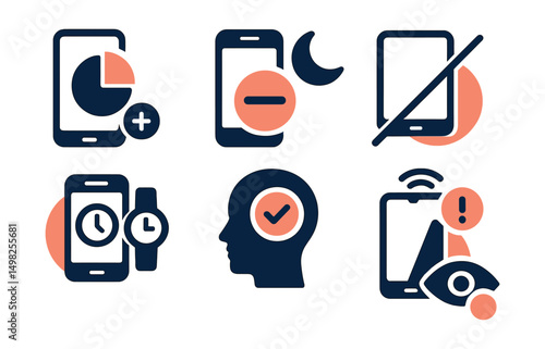 Two-Color vector icons of digital wellbeing: app limit icon, do not disturb mode, screen-free zone, tech-free time. Focus mode, usage alert, notification off, eye break.