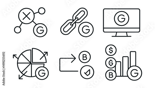 Line style icons of crypto staking: cross-staking pool selector, stake across chains tool, staking hub interface, multi-token staking screen, diversified staking strategy icon, stake migration tool,