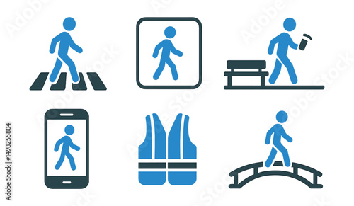 Two-Color vector icons of pedestrian life: crosswalk, walk signal, urban steps tracker, sidewalk bench. Walking app, safety vest, pedestrian route, pedestrian bridge.