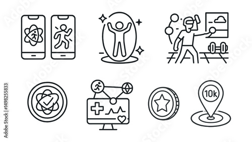 Line style icons of multiverse apps: multiverse fitness app, synchronized exercise avatar, movement tracking across dimensions, VR workout room, wearable sync badge, cross-world health dashboard,