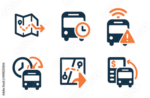 Two-Color vector icons of commuter tools: travel planner, trip countdown, missed bus alert, smart delay. Rush hour mode, preferred route, fare tracker, transit update.
