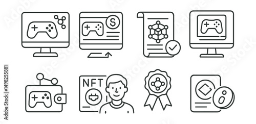 Line style icons of blockchain gaming: Web3 game launcher, play-to-earn dashboard, blockchain quest scroll, smart contract gameplay icon, game wallet connection, NFT-powered avatar, Web3 gaming