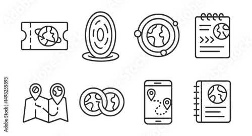 Line style icons of multiverse apps: multiverse travel ticket, portal access icon, destination world selector, cross-world itinerary planner, teleportation route map, linked dimension icon, metaverse