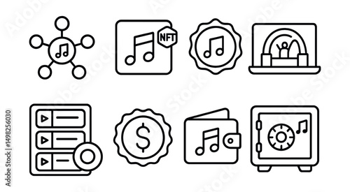Line style icons of Web3 streaming: decentralized music stream icon, music rights NFT, audio track token badge, concert stream access, tokenized audio playlist, stream royalties badge, music creator