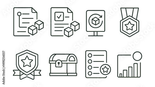 Line style icons of blockchain gaming: quest generator contract, daily mission smart contract, seasonal pass icon, challenge rotation screen, bounty reward badge, task reward vault, multi-tier