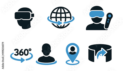 Two-Color vector icons of virtual reality: VR headset, immersive world icon, motion controller, VR gaming. 360-degree view, avatar presence, teleport icon, virtual tour.