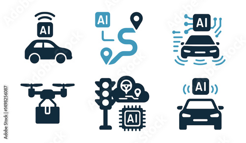 Two-Color vector icons of AI in transportation: self-driving car, route prediction, traffic AI, lidar sensor. Drone delivery, smart traffic system, ride optimization, vehicle AI.